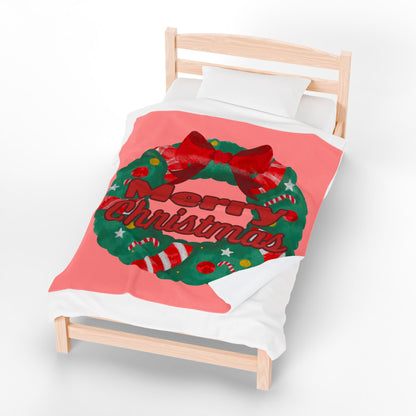 "Merry Christmas" Wreath Velveteen Plush Blanket
