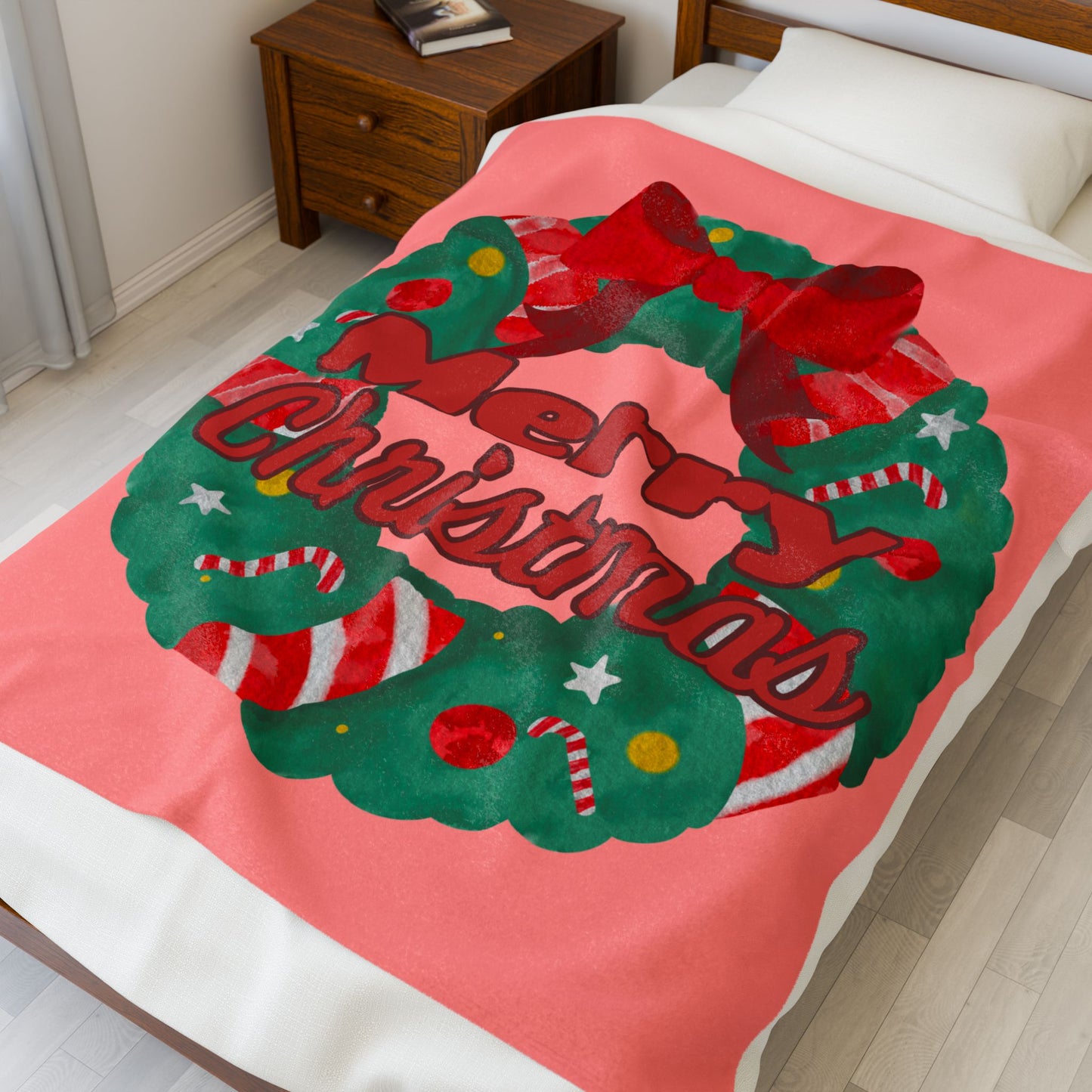 "Merry Christmas" Wreath Velveteen Plush Blanket