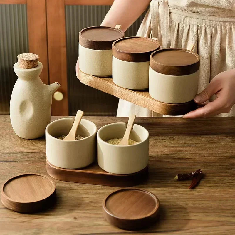 Ceramic Seasoning Jars With Wooden Lid