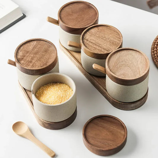 Ceramic Seasoning Jars With Wooden Lid