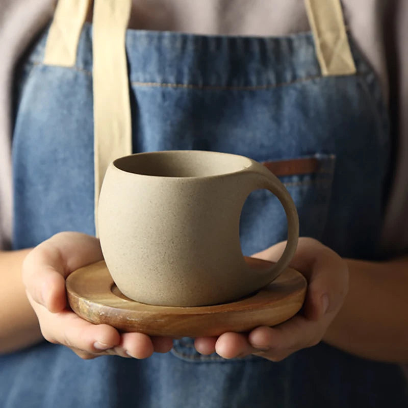 Ceramic Coffee Cup With Wooden Saucer