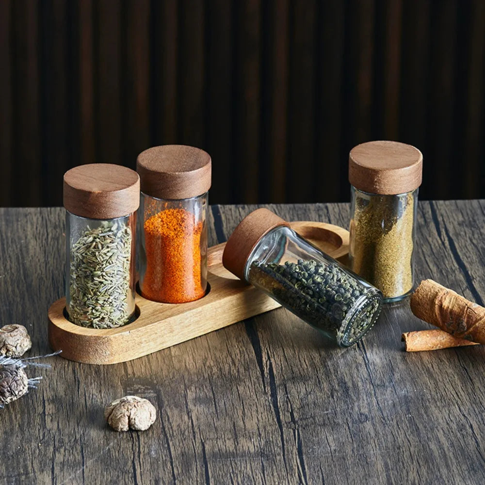 Glass Spice Storage Set With Wooden Lid