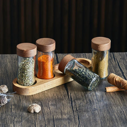 Glass Spice Storage Set With Wooden Lid