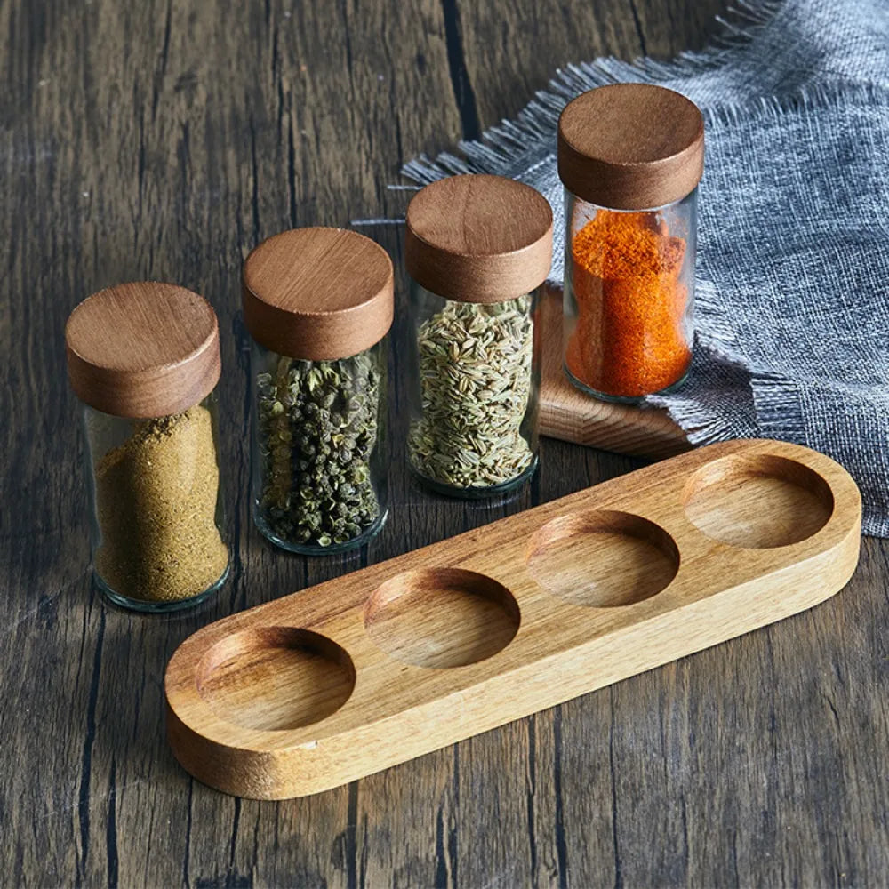 Glass Spice Storage Set With Wooden Lid