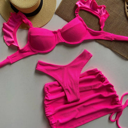 Hot Pink Low Waste Wavy Fabric Bikini Set