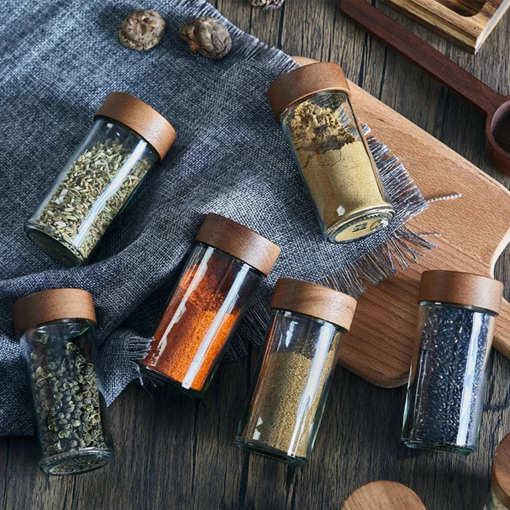 Glass Spice Storage Set With Wooden Lid