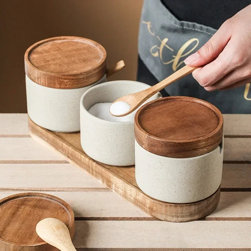 Ceramic Seasoning Jars With Wooden Lid