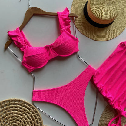 Hot Pink Low Waste Wavy Fabric Bikini Set