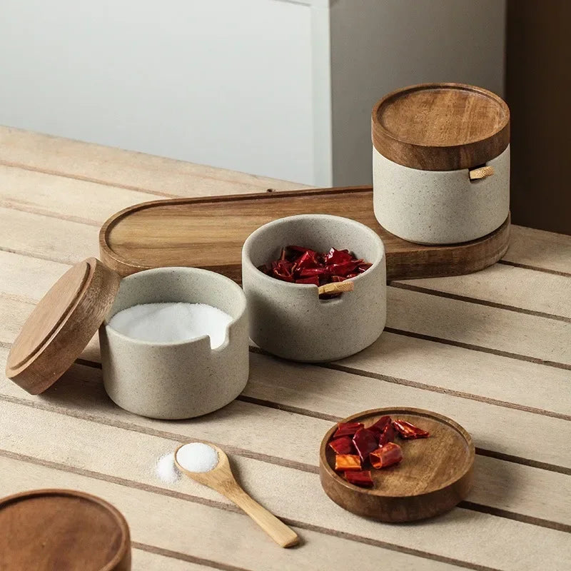 Ceramic Seasoning Jars With Wooden Lid