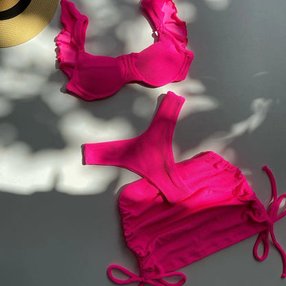 Hot Pink Low Waste Wavy Fabric Bikini Set