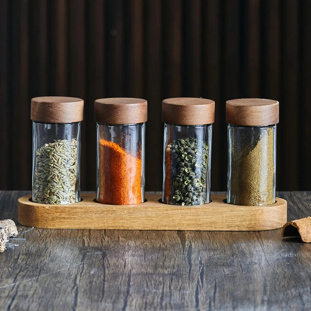 Glass Spice Storage Set With Wooden Lid