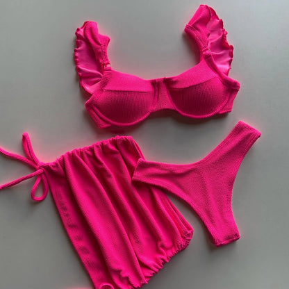 Hot Pink Low Waste Wavy Fabric Bikini Set