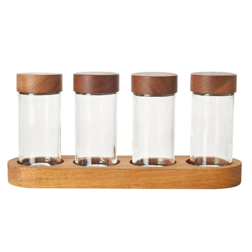 Glass Spice Storage Set With Wooden Lid